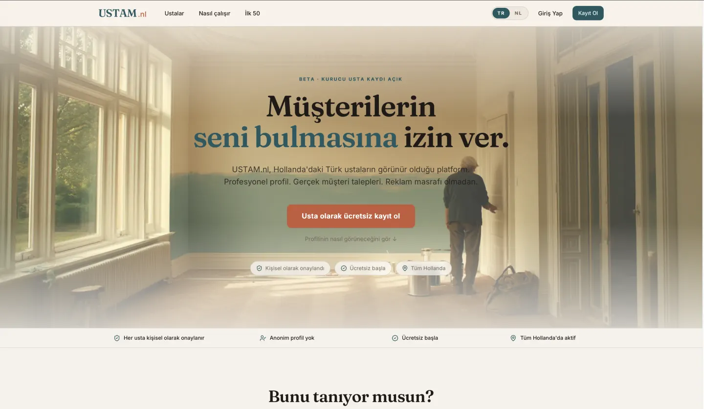 Screenshot van de USTAM.nl homepage